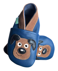Hopi Hop BAREFOOT kožené capáčky Pejsek na modré, vel. S, M, L, XL, XXL ( 0-3 roky) 