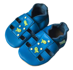 Hopi Hop BAREFOOT kožené capáčky Sandálky RYBIČKY MODRÉ, vel. M, L  ( 6 - 24m) 
