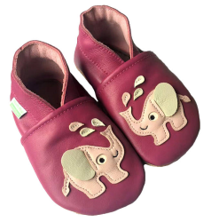 Hopi Hop BAREFOOT kožené capáčky SLONÍK malinový, vel.  L, XL, XXL ( 0-3 roky)